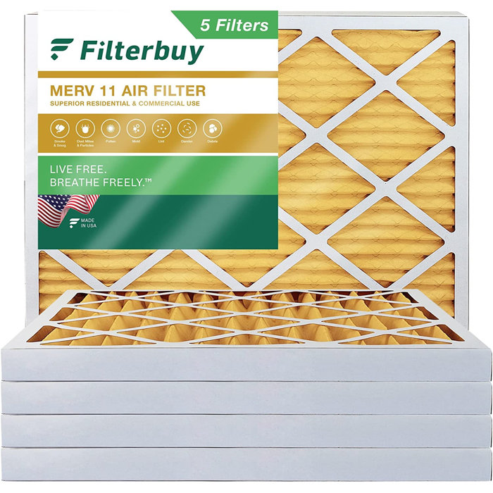 Filterbuy 16x20x2 Air Filter MERV 11 Superior Pet & Allergy Defense (5-Pack), Electrostatic Pleated HVAC AC Furnace Filters Replacement, Made In USA (Actual Size: 15.50 X 19.50 X 1.75